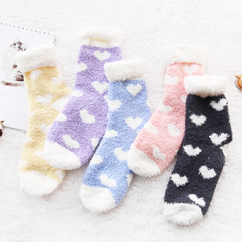 云木雜貨 冬季清新可愛甜美毛絨襪愛心圖案珊瑚絨襪保暖襪地板襪